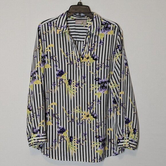 CHICO'S Black/White Stripe & Floral Long Sleeve Satin Button Blouse; Size 16/18 - Picture 1 of 5